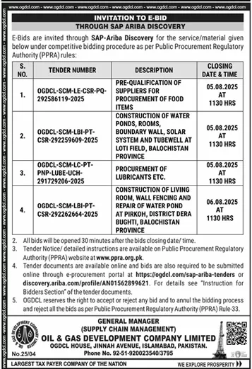 Oil & Gas Development Company Limited Islamabad Tender Notice